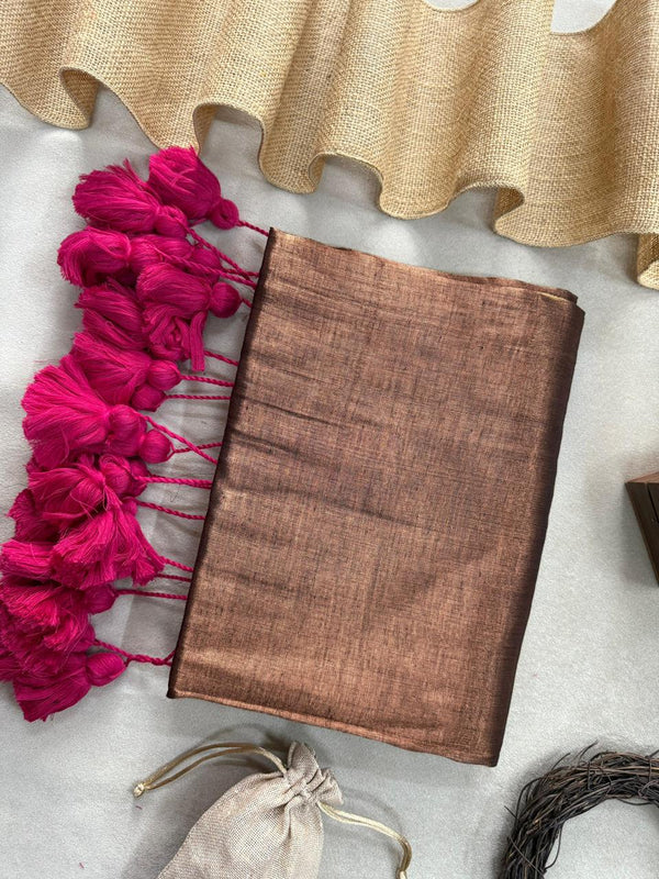 Brown Dual Tone Handloom Raga Tissue Saree With Pink Tassels