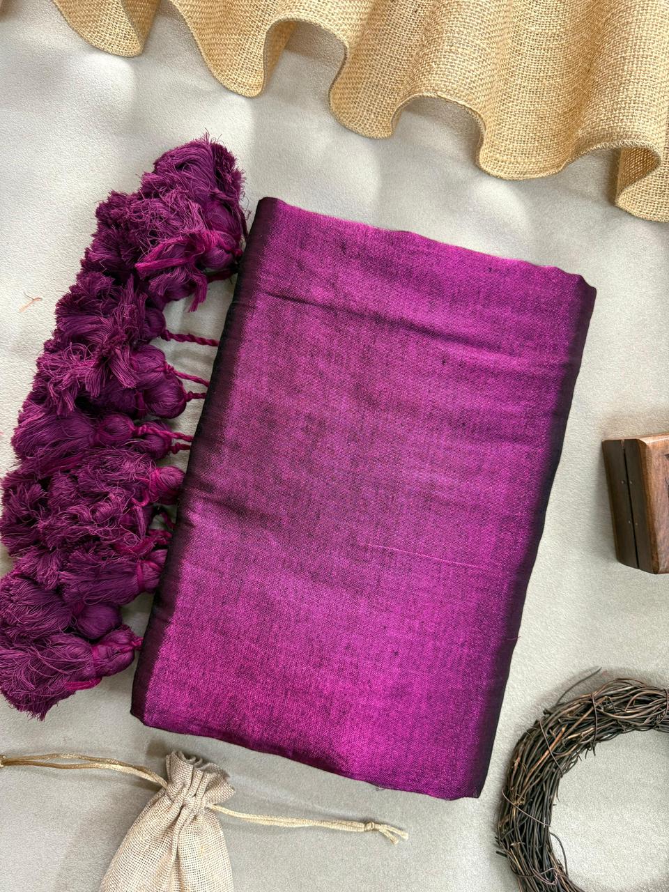 Pink Dual Tone Handloom Raga Tissue Saree With Pink Tassels - Orgenza Store