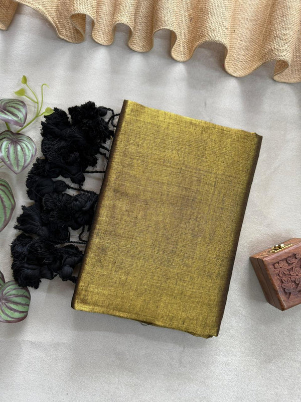 Golden Dual Tone Handloom Raga Tissue Saree With Black Tassels