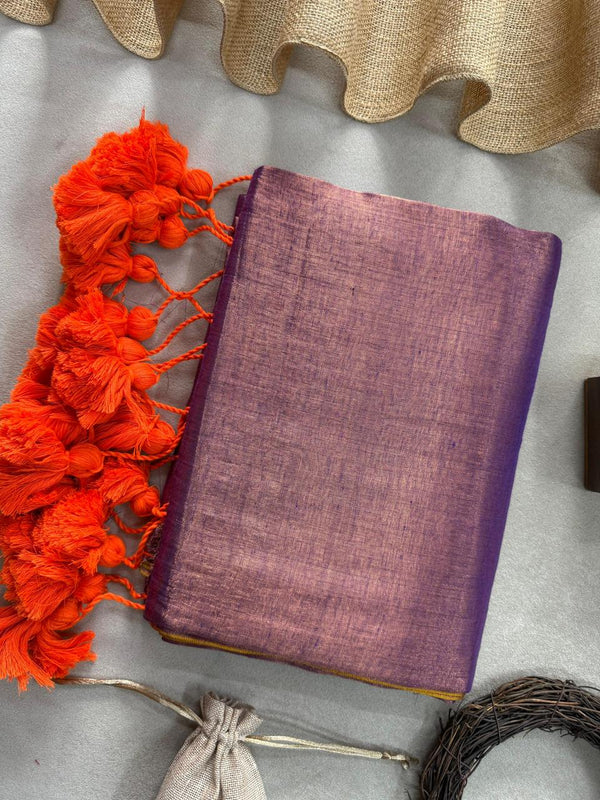 Rose Purple Dual Tone Handloom Raga Tissue Saree With Red Tassels