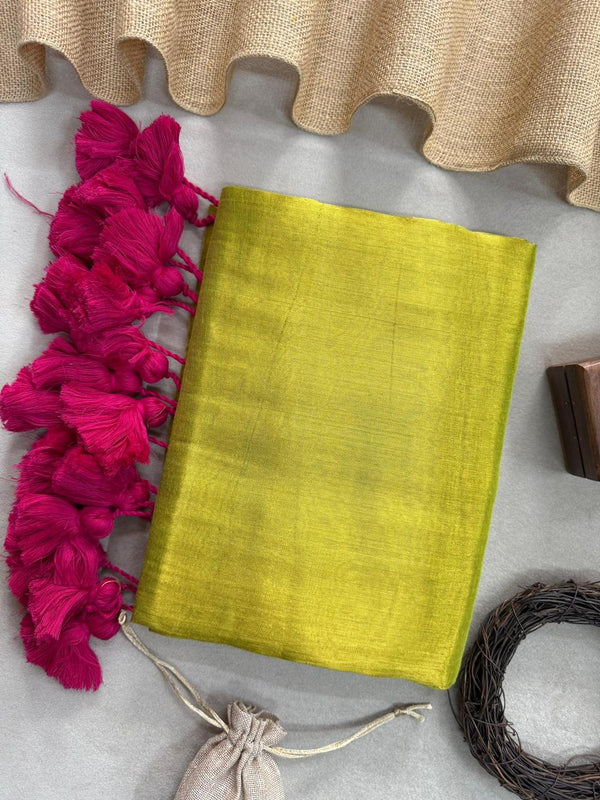 Pista Handloom Raga Tissue Saree With Pink Tassels