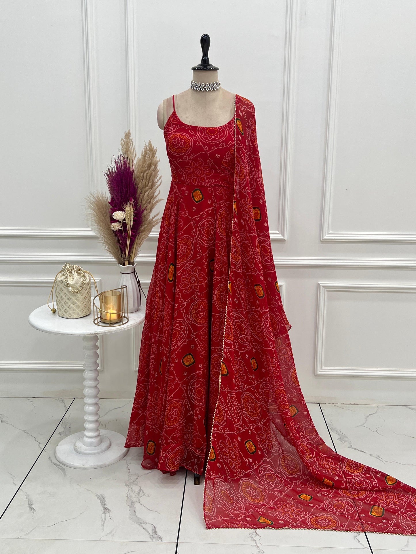 Soft Chiffon Bandhej 8-Meter Flare Gown Set – Fully Stitched