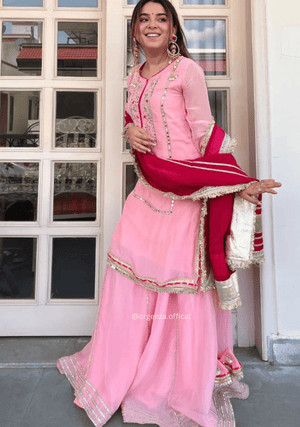 Baby Pink Chinon Silk Embroidered Sharara Suit Set with Sequins Work (3 PCS) - Orgenza Store - digisoch