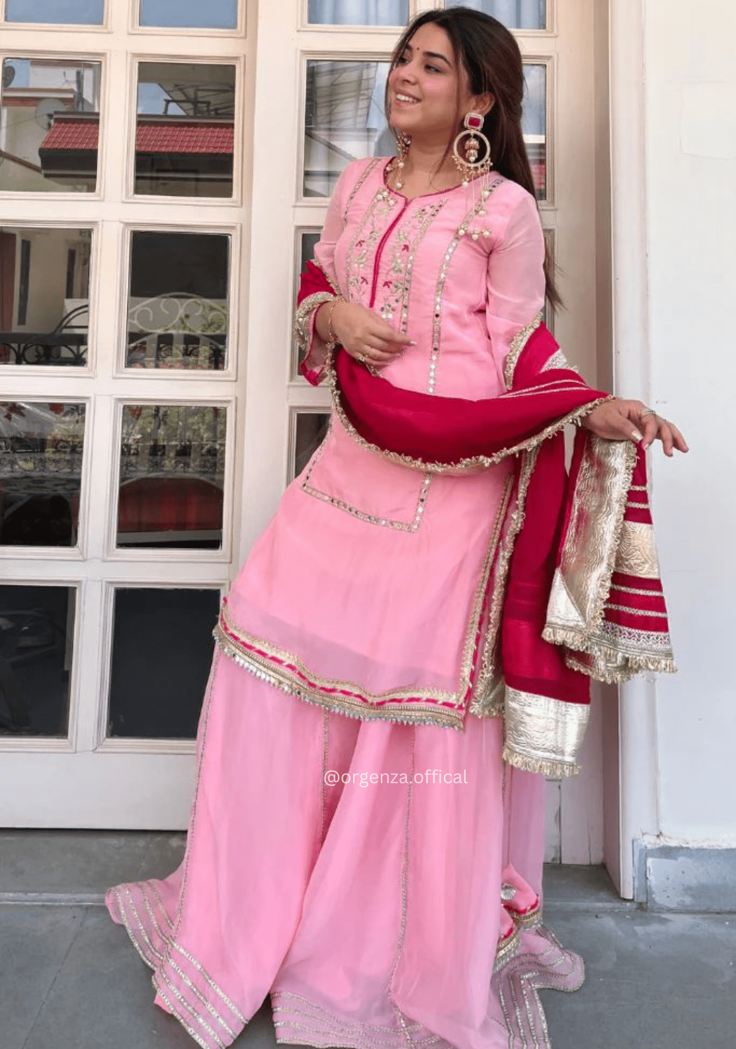 Baby Pink Chinon Silk Embroidered Sharara Suit Set with Sequins Work (3 PCS) - Orgenza Store - digisoch