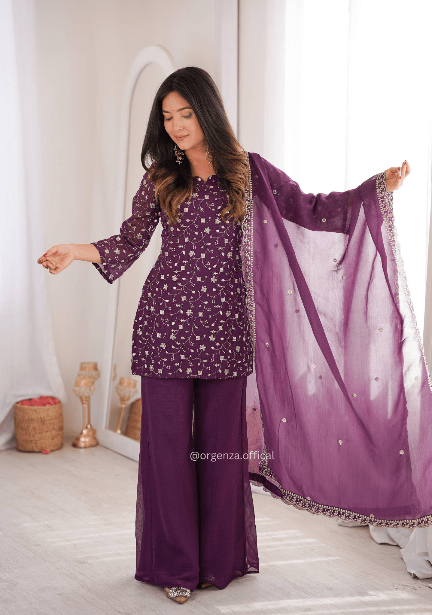 Crunchy Silk Embroidered Suit Set with Bell Bottom Pant - Orgenza Store - digisoch
