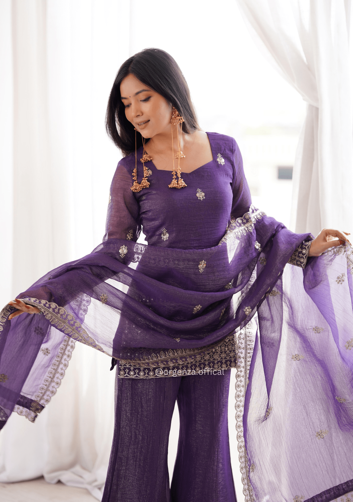 Designer Crunchy Silk Suit Set with Sequins Embroidery & Bell Bottom Pant - Orgenza Store - digisoch