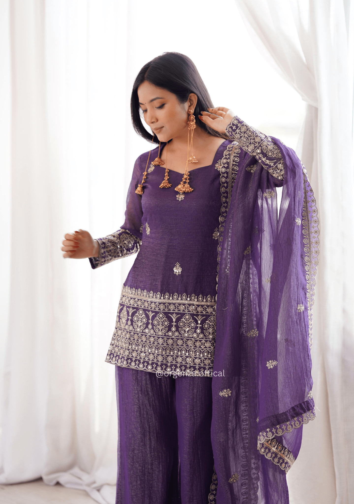 Designer Crunchy Silk Suit Set with Sequins Embroidery & Bell Bottom Pant - Orgenza Store - digisoch