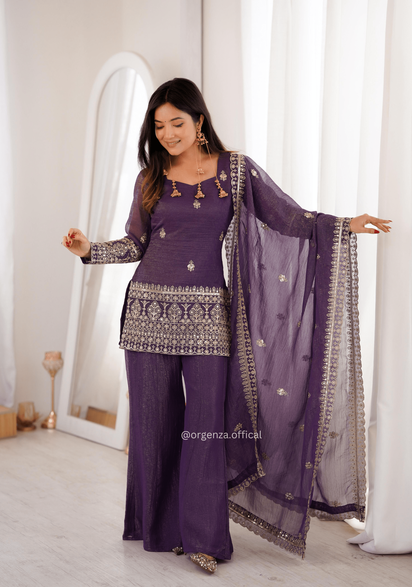 Designer Crunchy Silk Suit Set with Sequins Embroidery & Bell Bottom Pant - Orgenza Store - digisoch