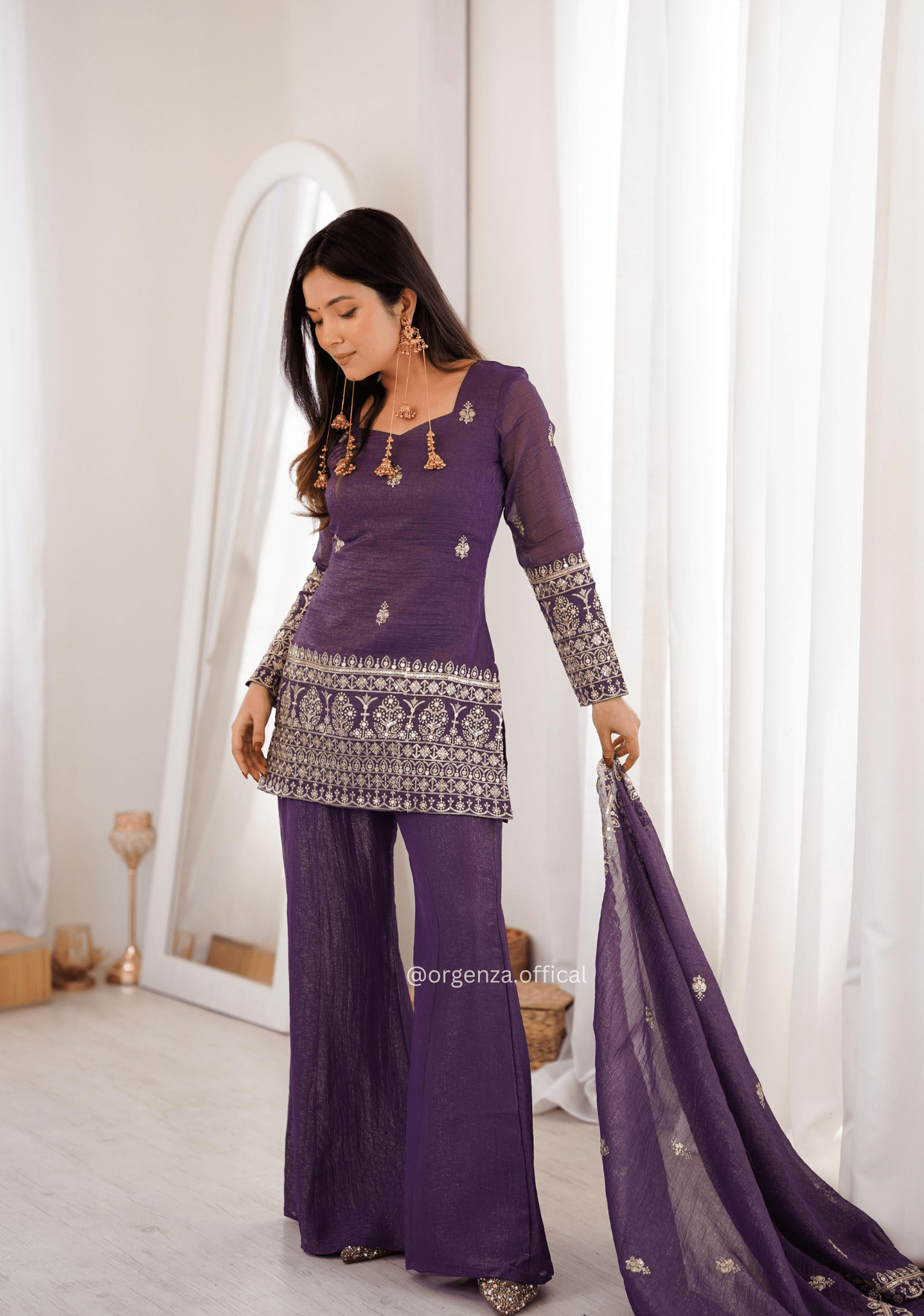 Designer Crunchy Silk Suit Set with Sequins Embroidery & Bell Bottom Pant - Orgenza Store - digisoch
