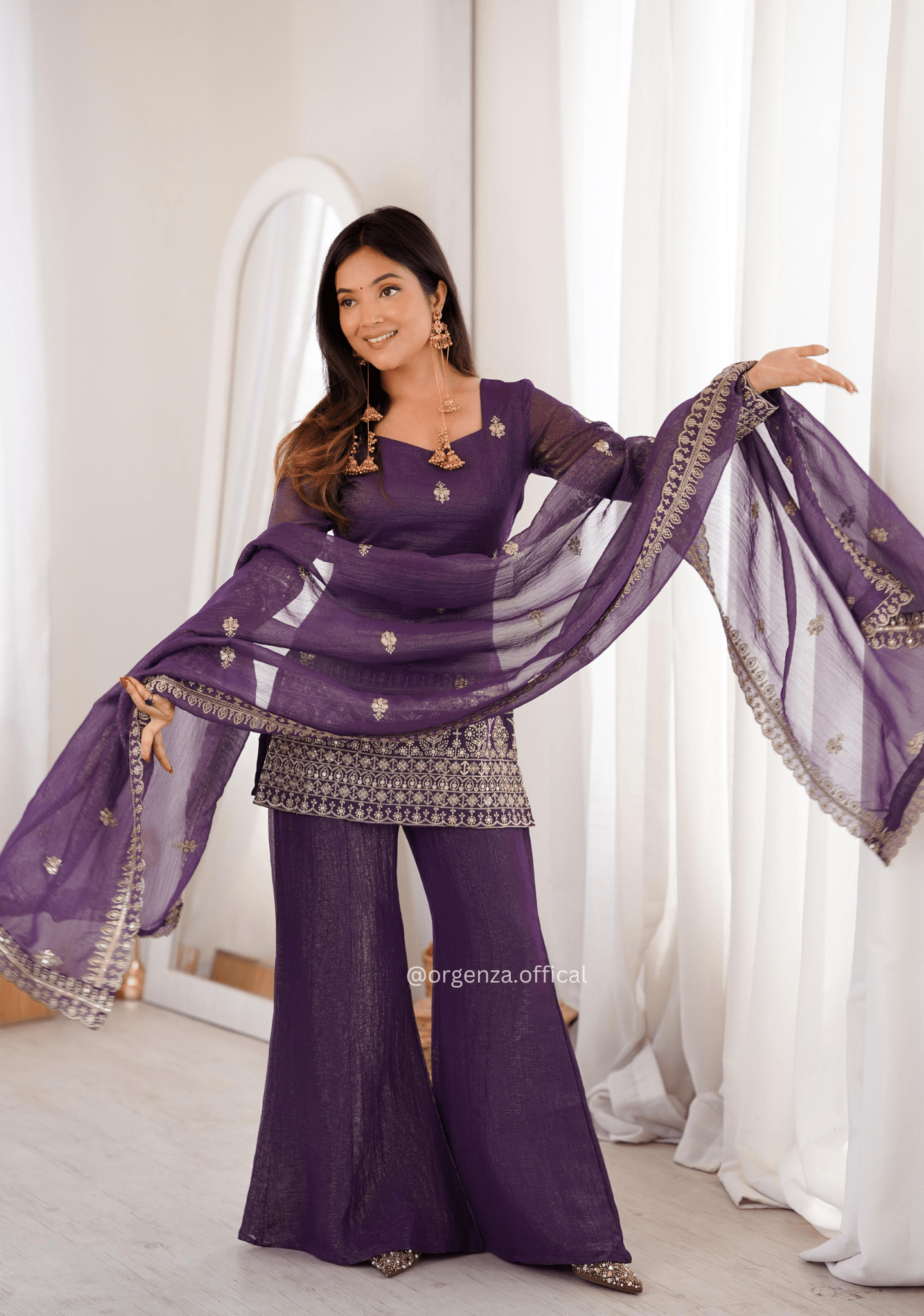 Designer Crunchy Silk Suit Set with Sequins Embroidery & Bell Bottom Pant - Orgenza Store - digisoch