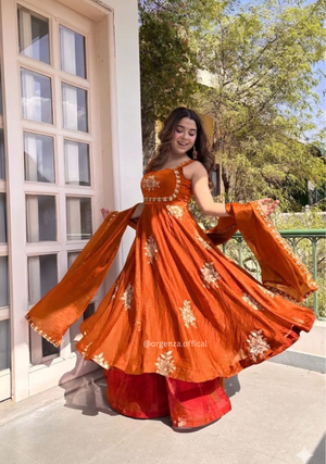 Designer Fendy Satin Gown Set with Sequins Work & Palazzo | Wedding & Festive Wear - Orgenza Store - digisoch