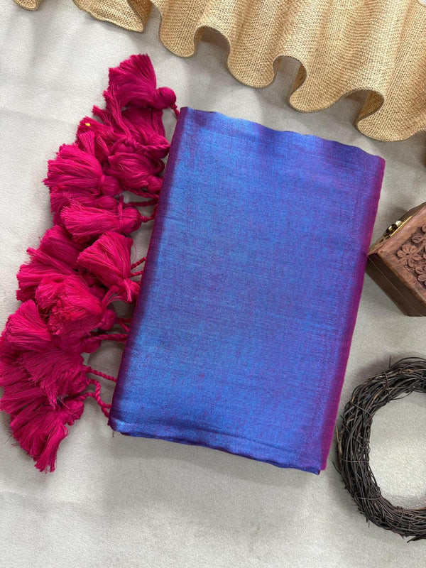 Purple Dual Tone Handloom Raga Tissue Saree With Pink Tassels