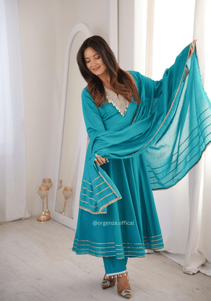 Elegant Roman Fabric Gown Set with Embroidered Patchwork, Pant, and Dupatta - Orgenza Store - digisoch