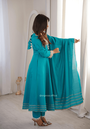 Elegant Roman Fabric Gown Set with Embroidered Patchwork, Pant, and Dupatta - Orgenza Store - digisoch