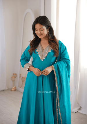 Elegant Roman Fabric Gown Set with Embroidered Patchwork, Pant, and Dupatta - Orgenza Store - digisoch