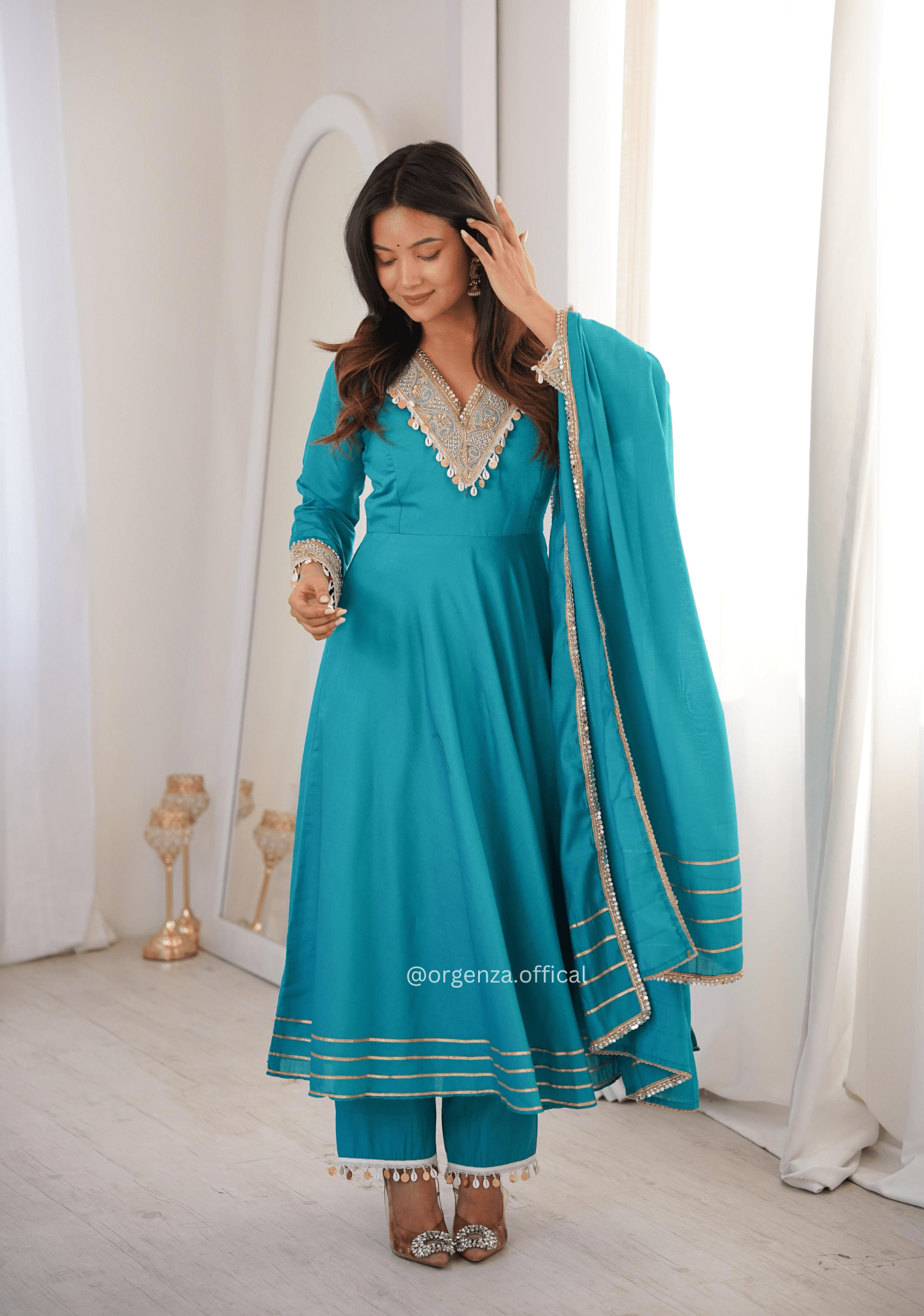 Elegant Roman Fabric Gown Set with Embroidered Patchwork, Pant, and Dupatta - Orgenza Store - digisoch