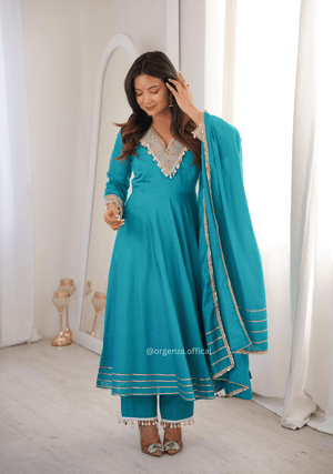 Elegant Roman Fabric Gown Set with Embroidered Patchwork, Pant, and Dupatta - Orgenza Store - digisoch