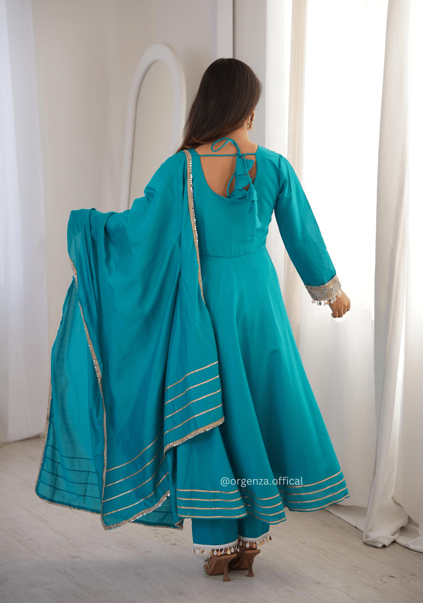 Elegant Roman Fabric Gown Set with Embroidered Patchwork, Pant, and Dupatta - Orgenza Store - digisoch