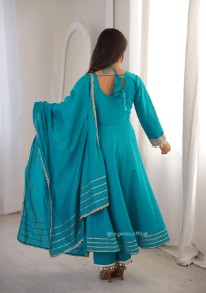 Elegant Roman Fabric Gown Set with Embroidered Patchwork, Pant, and Dupatta - Orgenza Store - digisoch