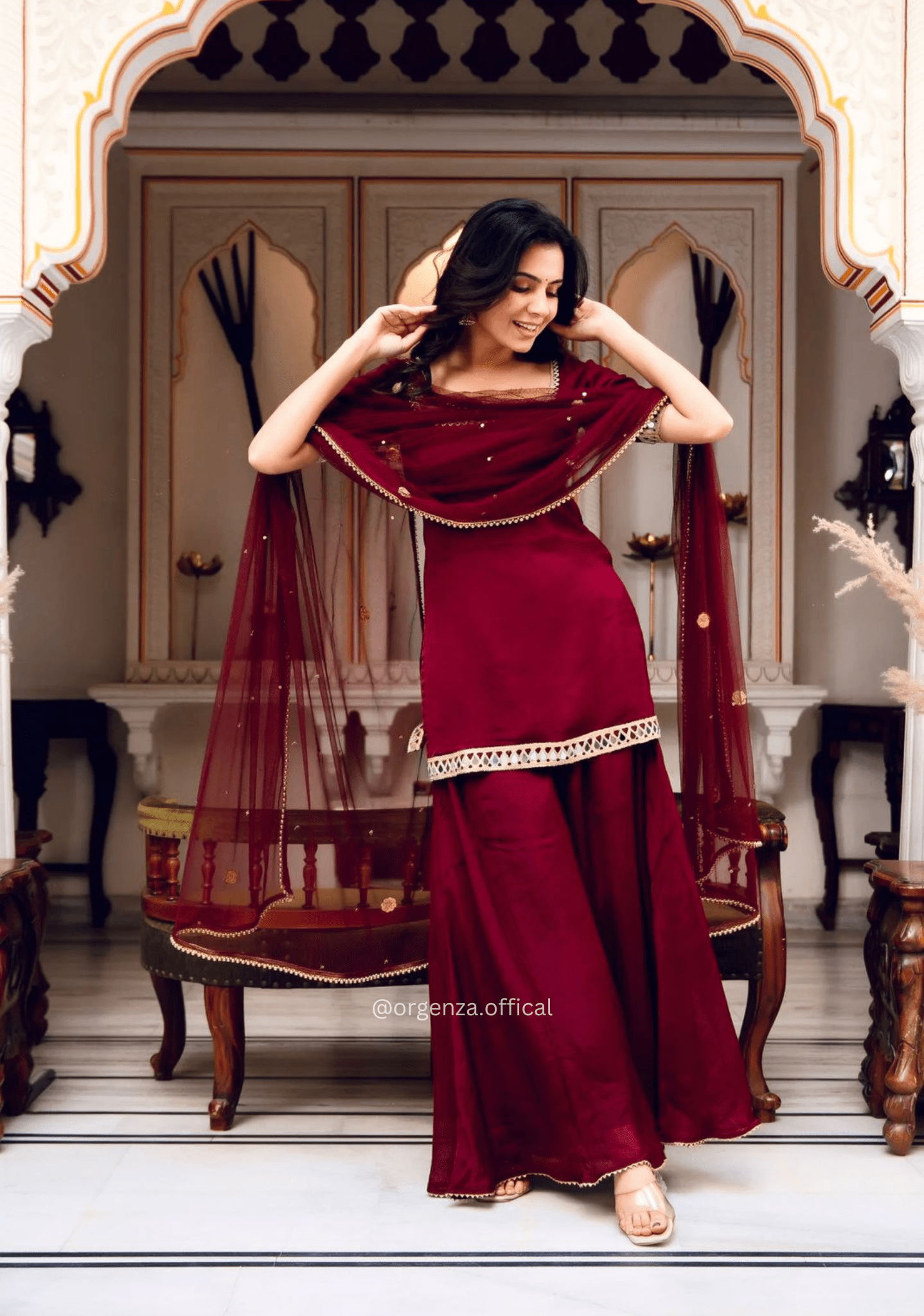 Faux Georgette Mirror Work Kurta Palazzo Set - Orgenza Store - digisoch