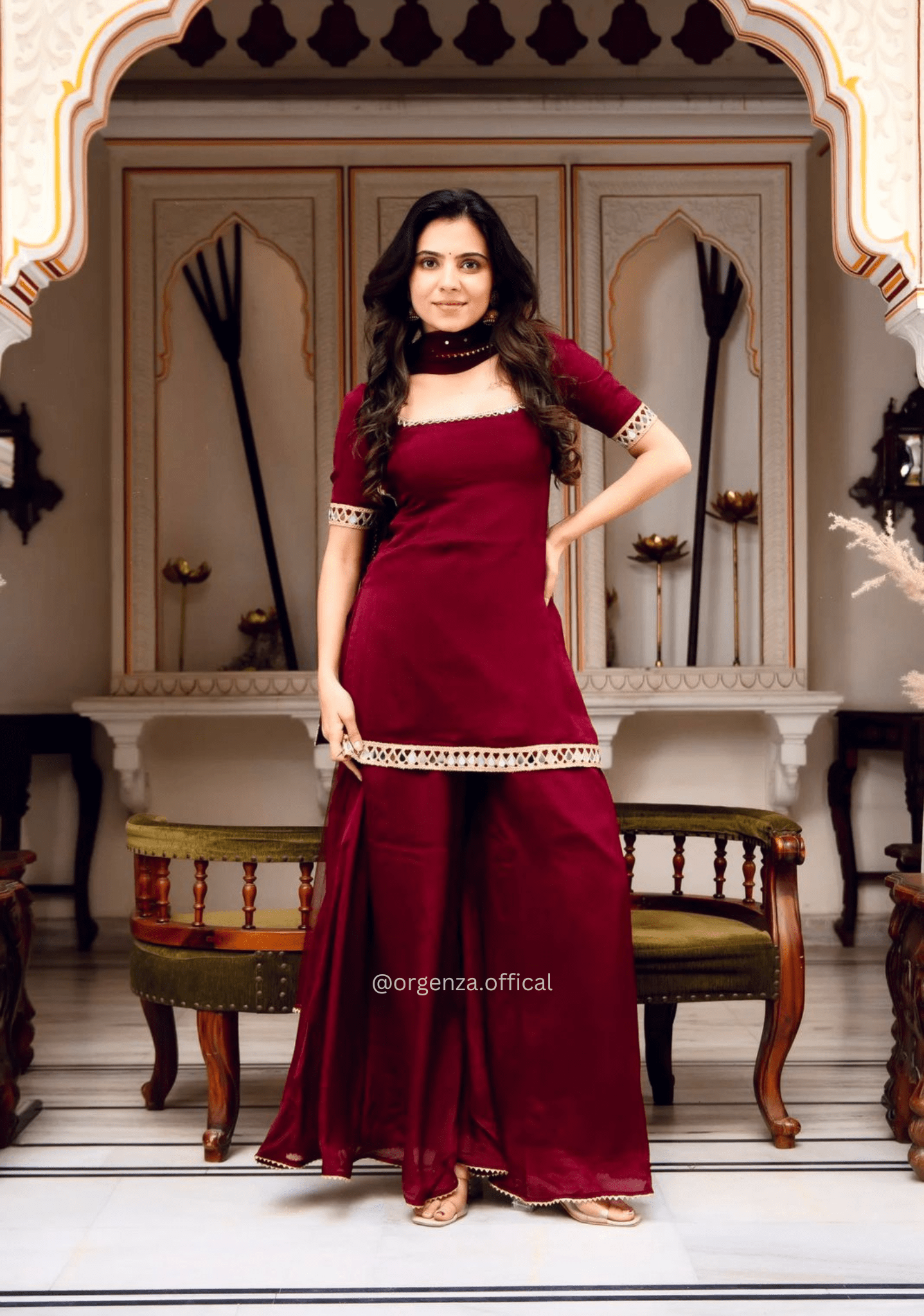 Faux Georgette Mirror Work Kurta Palazzo Set - Orgenza Store - digisoch
