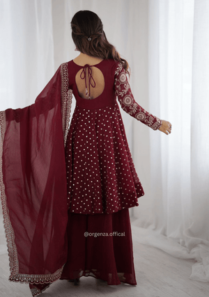 Maroon Crunchy Silk Embroidered Sharara Palazzo Suit Set - Orgenza Store - digisoch