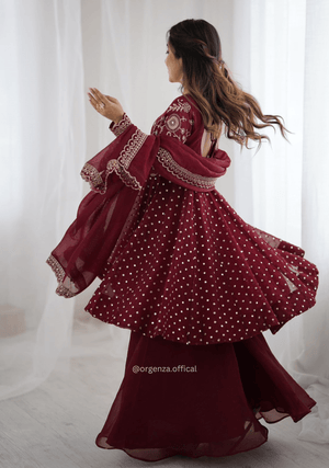 Maroon Crunchy Silk Embroidered Sharara Palazzo Suit Set - Orgenza Store - digisoch