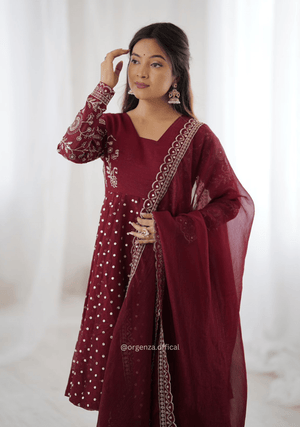 Maroon Crunchy Silk Embroidered Sharara Palazzo Suit Set - Orgenza Store - digisoch