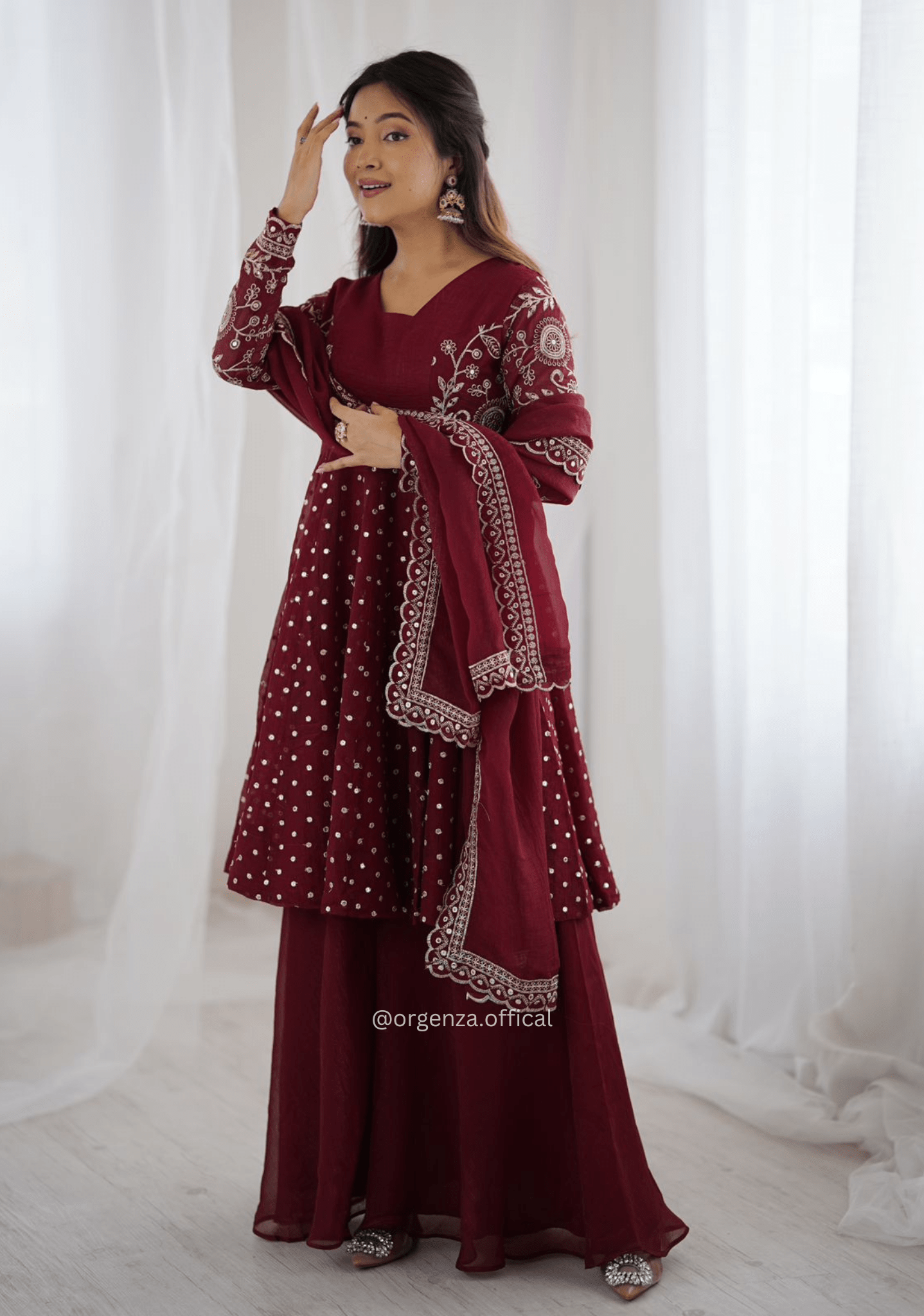 Maroon Crunchy Silk Embroidered Sharara Palazzo Suit Set - Orgenza Store - digisoch