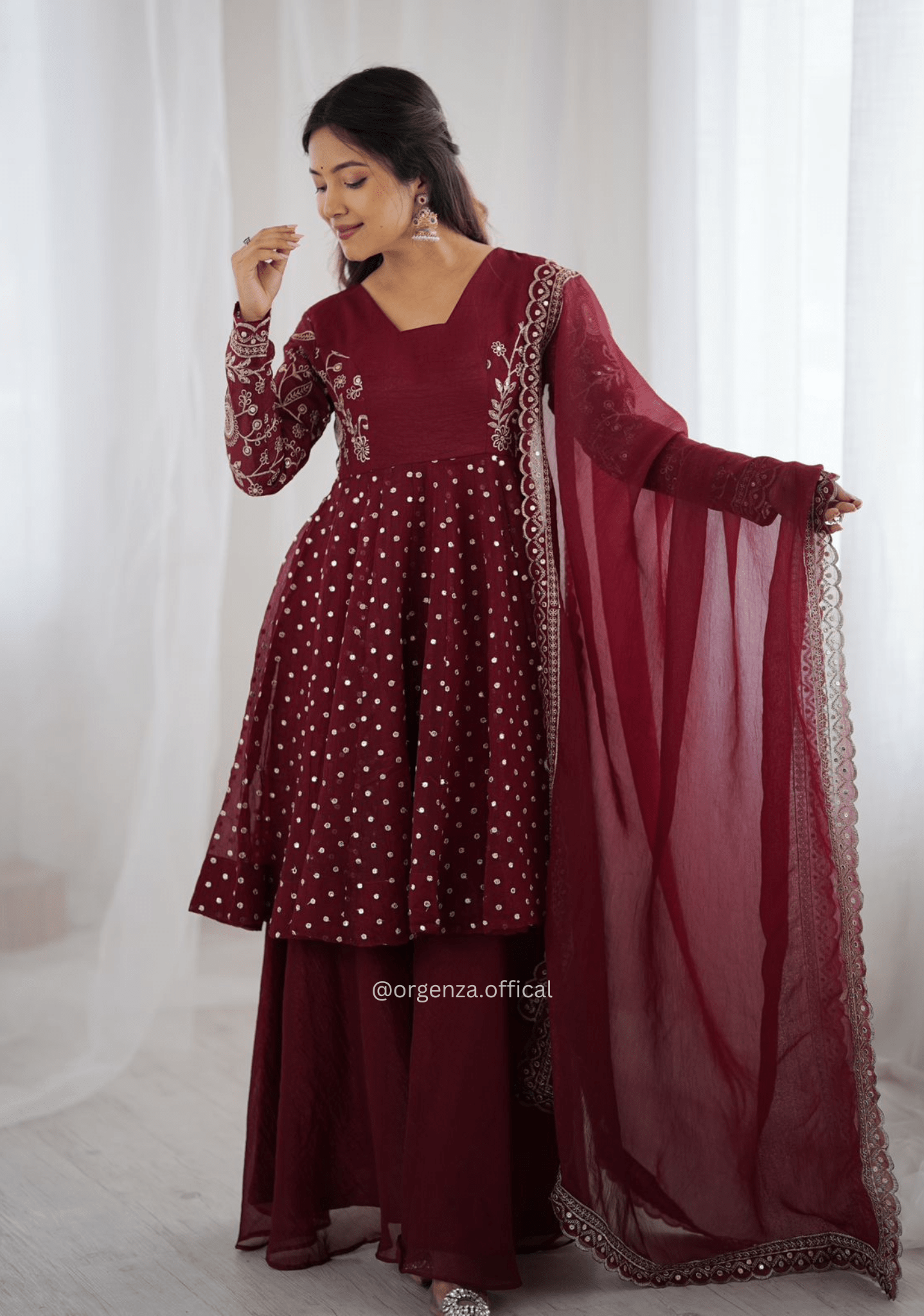 Maroon Crunchy Silk Embroidered Sharara Palazzo Suit Set - Orgenza Store - digisoch