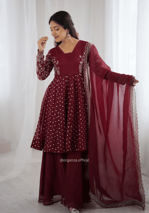 Maroon Crunchy Silk Embroidered Sharara Palazzo Suit Set - Orgenza Store - digisoch