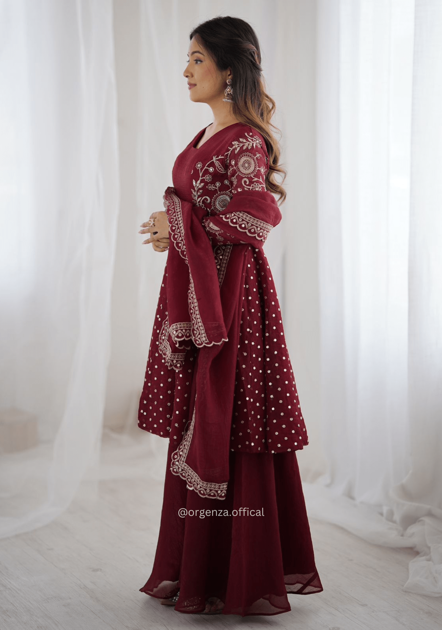 Maroon Crunchy Silk Embroidered Sharara Palazzo Suit Set - Orgenza Store - digisoch