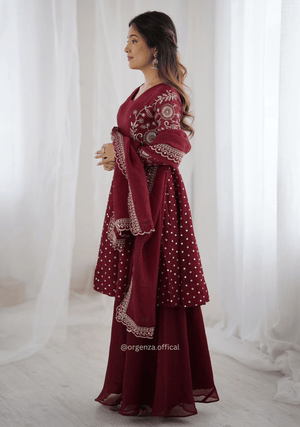 Maroon Crunchy Silk Embroidered Sharara Palazzo Suit Set - Orgenza Store - digisoch