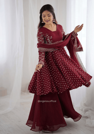 Maroon Crunchy Silk Embroidered Sharara Palazzo Suit Set - Orgenza Store - digisoch