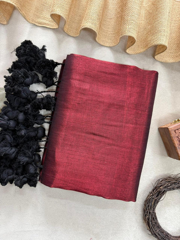 Maroon Handloom Raga Tissue Saree With Black Tassels