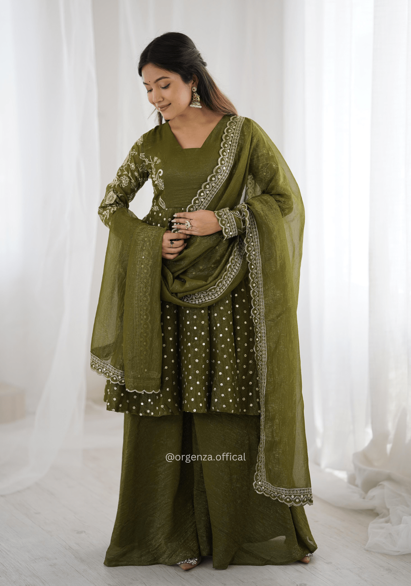 Mehendi Green Crunchy Silk Embroidered Sharara Palazzo Suit Set - Orgenza Store - digisoch