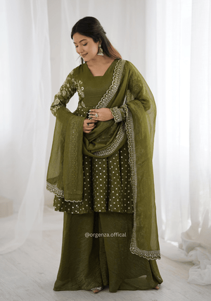 Mehendi Green Crunchy Silk Embroidered Sharara Palazzo Suit Set - Orgenza Store - digisoch