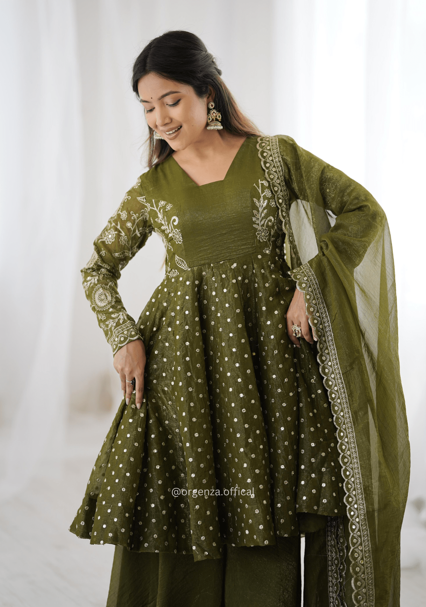 Mehendi Green Crunchy Silk Embroidered Sharara Palazzo Suit Set - Orgenza Store - digisoch