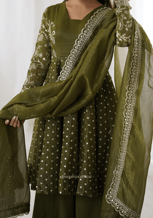Mehendi Green Crunchy Silk Embroidered Sharara Palazzo Suit Set - Orgenza Store - digisoch