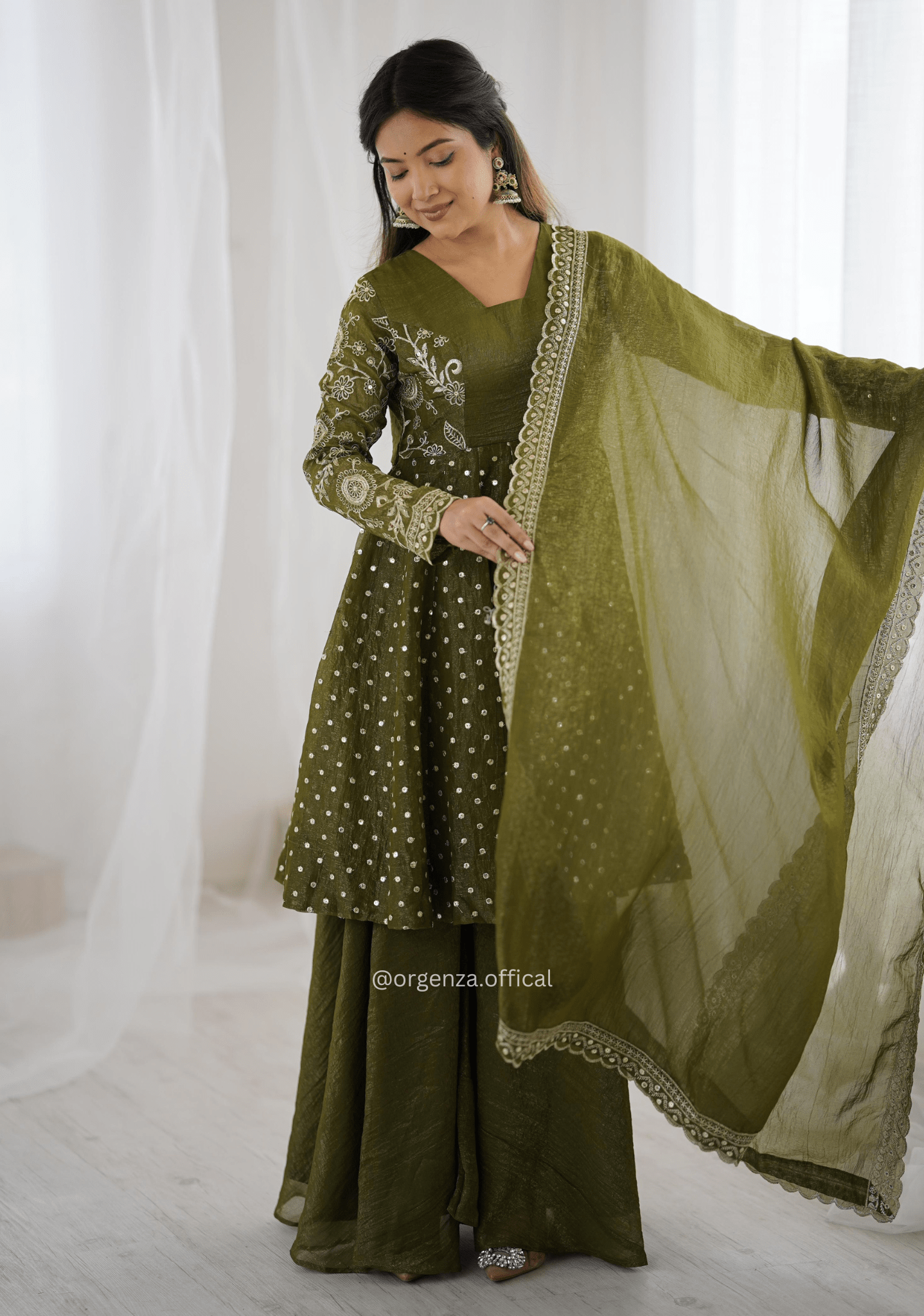 Mehendi Green Crunchy Silk Embroidered Sharara Palazzo Suit Set - Orgenza Store - digisoch