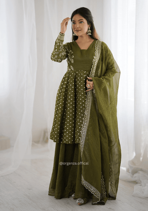 Mehendi Green Crunchy Silk Embroidered Sharara Palazzo Suit Set - Orgenza Store - digisoch