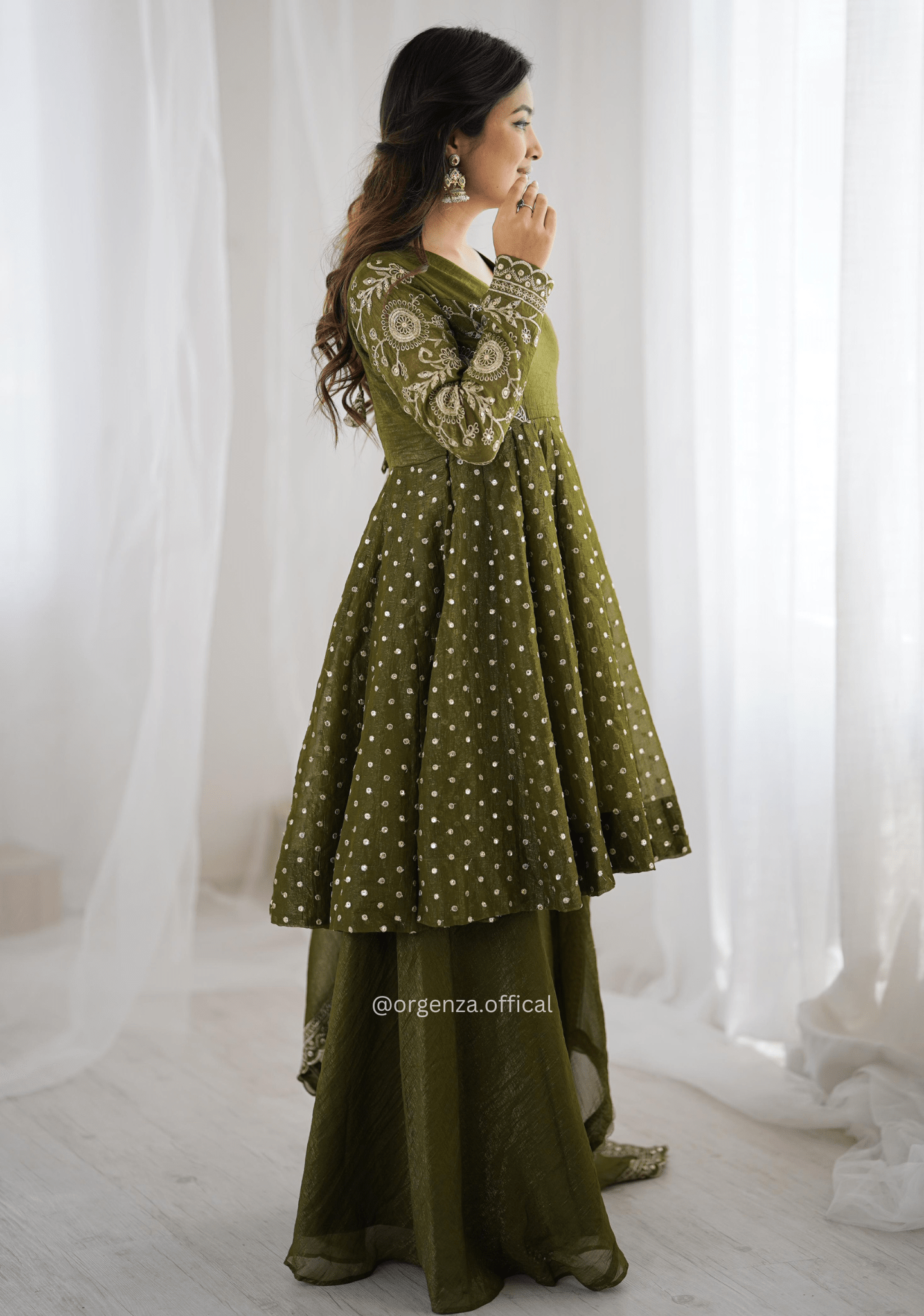 Mehendi Green Crunchy Silk Embroidered Sharara Palazzo Suit Set - Orgenza Store - digisoch