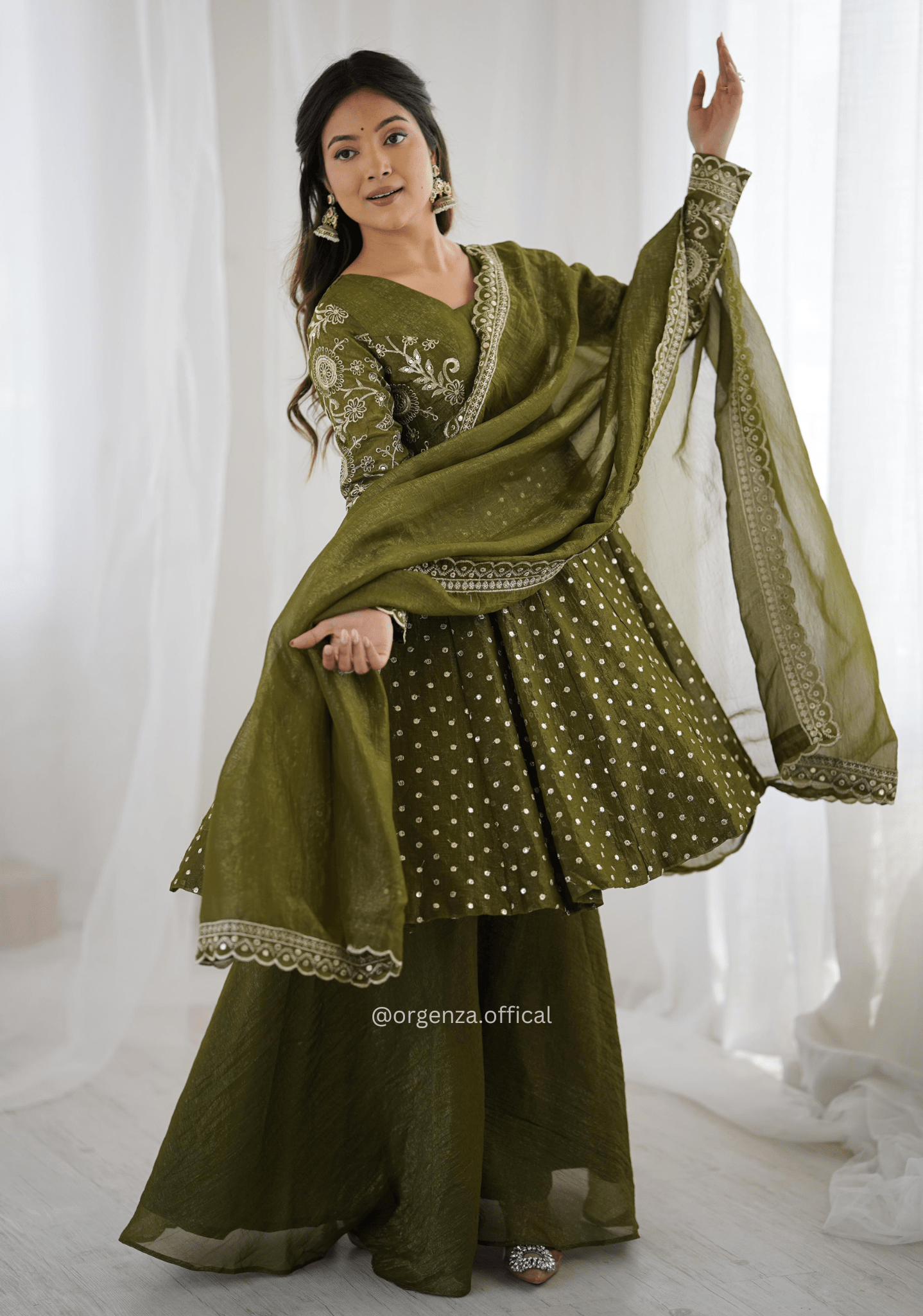 Mehendi Green Crunchy Silk Embroidered Sharara Palazzo Suit Set - Orgenza Store - digisoch
