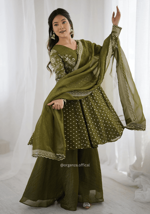 Mehendi Green Crunchy Silk Embroidered Sharara Palazzo Suit Set - Orgenza Store - digisoch