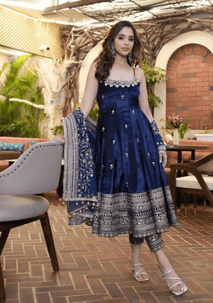 Navy Blue Vichitra Silk Anarkali Suit Set - Orgenza Store - digisoch
