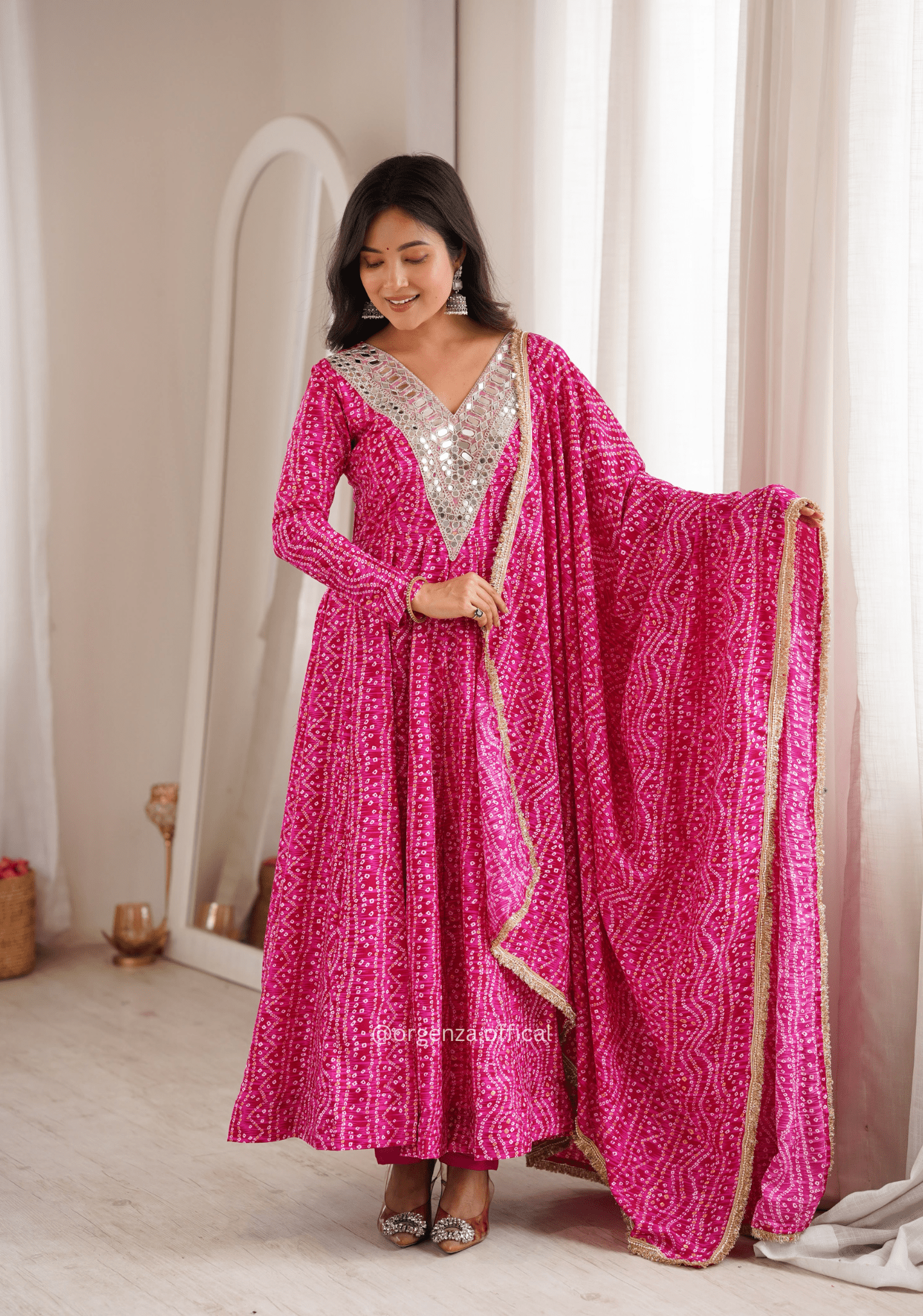 Pink Rayon Mirror Embroidered Gown Set - Orgenza Store - digisoch