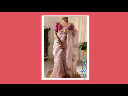 Orgenza ||  Ligth Coffee Color Printed Pure Organza Silk Saree Hand Work All Over Saree With Blouse