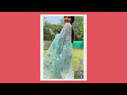 Light Teal Organza Saree With Embroidery Work