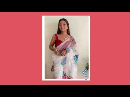 White Hand Print Organza Saree