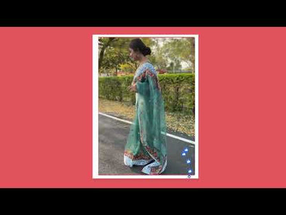 Teal Organza Saree With Chikankari Work